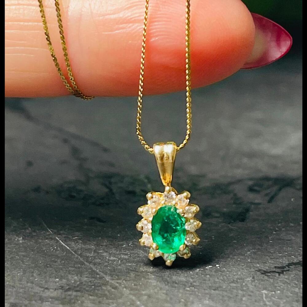 Emerald Necklace 14K Gold Diamond Emerald Pendant 14K Chain Colombian Emerald